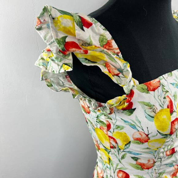 AQUA White S Top Cotton Lemon Fruit Smoked Back Zip Square Neck Flutter Sleeves - Picture 5 of 8